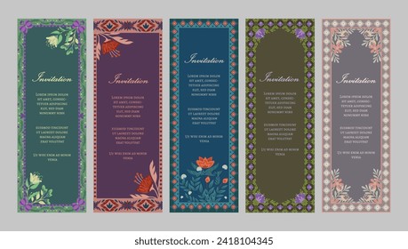 Plantillas de diseño de tarjetas de invitación ornamentadas vectoriales verticales. Conjunto de 5 plantillas de tarjetas de invitación florales en colores primaverales con lugar para textos