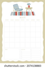 Vertical vector page undated empty May planner template page with notes and to do checkbox list and cute illustration with scandinavian interior furniture