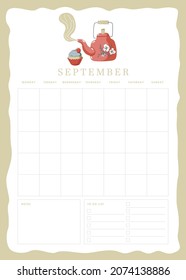 Vertical vector page undated empty September planner template page with notes and to do checkbox list and cute illustration with hot oldschool teapot and cupcake