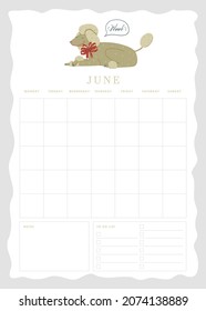 Vertical vector page undated empty June planner template page with notes and to do checkbox list and cute illustration with a barking dog