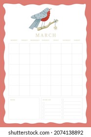 Vertical vector page undated empty March planner template page with notes and to do checkbox list and cute illustration with singing bird sitting on the branch with pendant star