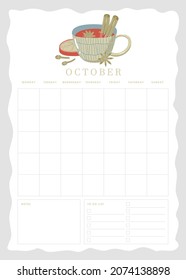 Vertical vector page undated empty October planner template page with notes and to do checkbox list and cute illustration with mulled wine, orange slice and spices