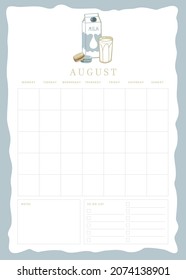 Vertical vector page undated empty August planner template page with notes and to do checkbox list and cute illustration with milk tetrapak, glass and sweet macaroons