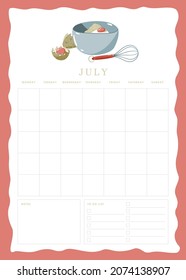 Vertical vector page undated empty July planner template page with notes and to do checkbox list and cute illustration with broken eggs, bowl and whisk