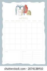 Vertical vector page undated empty April planner template page with notes and to do checkbox list and cute illustration with potted plant and ceramic houses