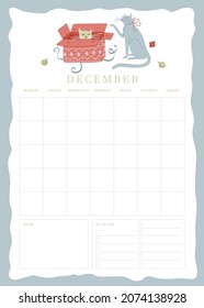 Vertical vector page undated empty December planner template page with notes and to do checkbox list and cute illustration with christmas cats playng with box