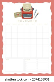 Vertical vector page undated empty November planner template page with notes and to do checkbox list and cute illustration with typewriter and christmas envelope