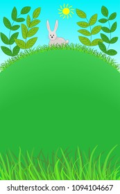Vertical vector postcard with funny gray Bunny on high green hill in summer with copy space in the middle