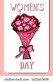 Vertical vector postcard to March 8 Women's Day.  Greeting card.8 shape with flowers bouquet. Beautiful background cards for greeting,invitation,greeting with women's day, 8 march.Spring holiday.