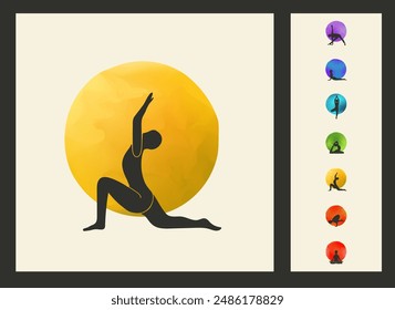 Vertical vector poster, featuring 7 yoga asanas - poses drawn in silhouettes against colorful rainbow circular backgrounds symbolizing connections to chakras. Nice as clip art or interior banner.