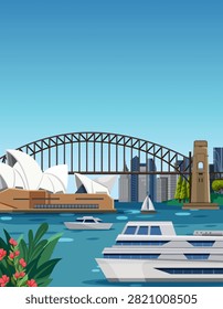 Vertical vector poster of Sydney harbor landmarks with boats sailing on blue water