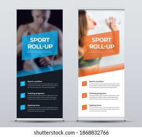 Vertical vector roll up banner with presentation of design for sports nutrition, training. J-flag template with illustration and photo in white and black isolated on background with realistic shadows.