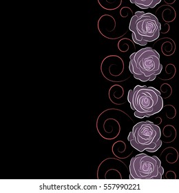 Vertical vector seamless floral border. Isolated rose flowers with copy space (place for your text) in pink and purple colors.