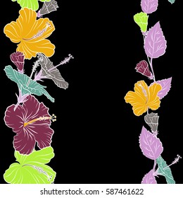 Vertical vector seamless pattern of Hawaiian Aloha T-Shirt seamless design in purple and yellow colors on a black background with copy space (place for your text).
