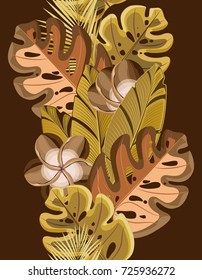 Vertical vector seamless pattern. Tropical leaves and flowers in brown tones