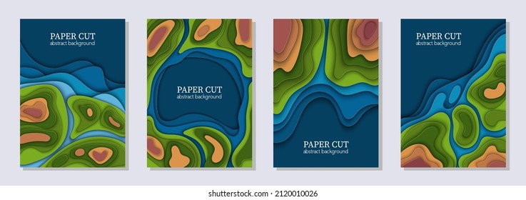 Conjunto vectorial vertical de 4 volantes verdes azules con formas de ondas de corte de papel, mapa mundial de la tierra, ecología. Arte abstracto 3D, diseño de diseño para presentaciones, folletos, carteles, impresiones, decoración, tarjetas, folleto