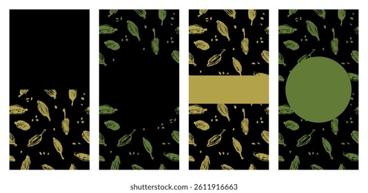 Vertical vector set with seamless cardamom patterns and label templates. Perfect for packaging, tea boxes, organic cosmetics, kitchen textiles, eco branding, and food labels.