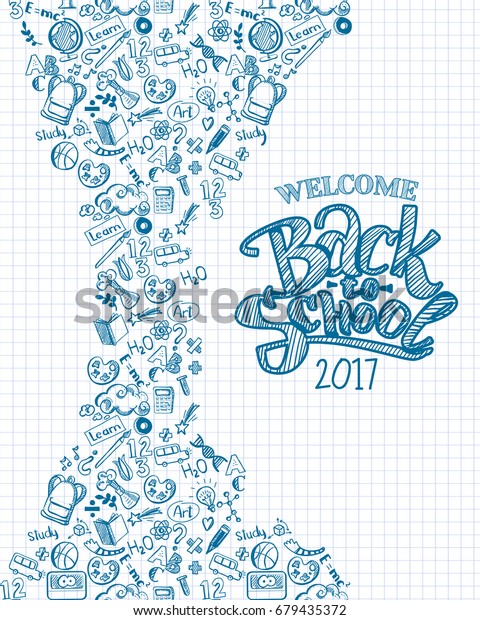 Vertical vector sketch back to school background\
wit hand drawn typography logo. Doodle illustration of stationery\
isolated. Template can used for design, branding, web, brochures,\
folder, banners