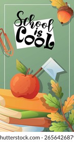 Vertikale Vektorgeschichte mit Apfel, Eichel, Bücher und Schule ist coole Nachricht. Ideal für Schulkampagnen, digitales Marketing und Sozialpädagogik.
