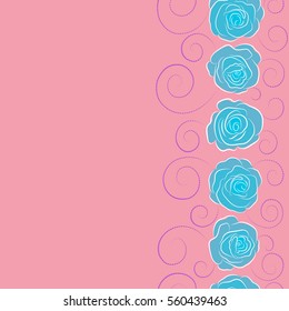 Vertical vector stylized roses. Denim floral background. Denim seamless pattern. Blue jeans cloth. Jeans background with blue, violet and pink rose flowers and copy space (place for your text).