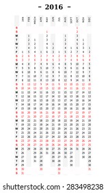 Vertical vector template for 2016 leap year calendar