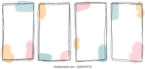 Vertical vector templates for 16:9 stories. Abstract minimalistic backgrounds with colorful pastel color watercolor blots and black thin line border. handdrawn illustration. Full HD. Brush stroke.