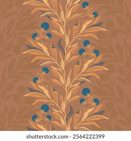 Vertical vector trailing blueberry branches with elegant leaves in a seamless caramel and toffee color palette design. For digital, fabric, or print projects, versatile for neutral and bold themes.
