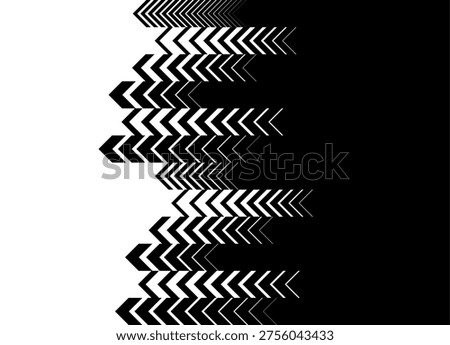 Vertical Vector transition from black to white with long striped arrows. Design element from broken lines. Pointer, direction. Two-tone Background for covers, advertising, navigation, packaging. Modern pattern