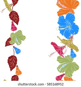 Vertical vector tropical leaves and hibiscus flowers seamless pattern. Hand painted sketch with copy space (place for your text) in yellow, orange and red colors on a white background.