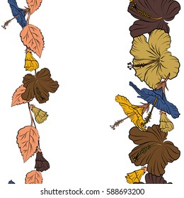Vertical vector tropical leaves and hibiscus flowers. Hand painted sketch with copy space (place for your text) in brown, orange and yellow colors on a white background.
