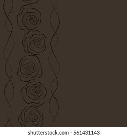 Vertical vector vintage dashed roses silhouette seamless pattern (hand drawn) in brown and black colors with copy space (place for your text).