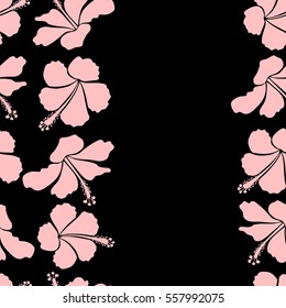 Vertical vector vintage seamless tropical hibiscus flowers. Pattern on a black background in neutral colors and copy space (place for your text).