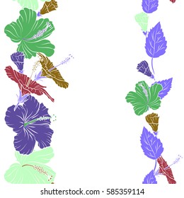 Vertical vector vintage seamless tropical hibiscus flowers. Pattern on a white background in red, green and violet colors and copy space (place for your text).