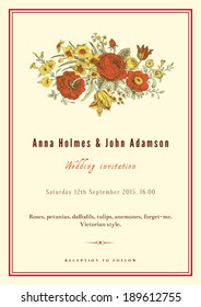 Vertical vector vintage wedding invitation. Floral bouquet with roses, anemones, tulips and daffodils in Victorian style on beige background.