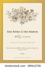 Vertikale Vektorvintage Hochzeitseinladung. Blumenstrauß mit Rosen, Anemonen, Tulpen und Narzissen im viktorianischen Stil auf goldenem Hintergrund.