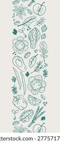 Vertical vegetable and botanical border pattern with hand drawn organic food line art. Fresh vegetable and fruit repeat with pepper, avocado, broccoli, herbs and citrus for healthy menu, packaging and eco design.