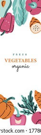 Vertical vegetables banner, hand drawn organic food in modern doodle style. Template vector illustration, isolated on white background. 