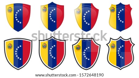 Vertical Venezuela flag in shield shape, four 3d and simple versions. 