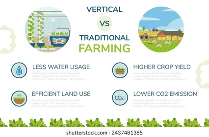 Vertical versus traditional farming infographics with vector illustrations.