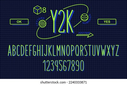 Vertical very long font in Y2K style. Trendy graphics in the style of the 2000s. Set of letters and numbers. Vector digital alphabet
