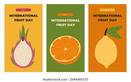 Vertical vibrant set of stories for International Fruit Day with colorful cartoon clipart with dragon fruit, cut in half orange, lemon on stem. Greeting concept banner for social media, poster.