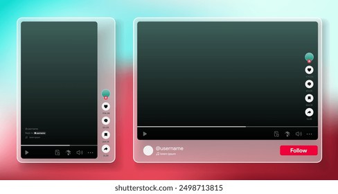 Vertical video player. Responsive tiktok interface mock-up. Blogging and streaming playback platform. Social media thumbnail frame. Vector illustration.