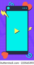 Vertical video player for social media application interface. Short video mockup in retro design style.