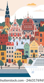 Vertical view of old part of Riga. Famous buildings symbols and landmarks. Flyer or poster welcome to Latvia. Medieval European city.  Flat vector illustration