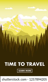 Vertical view of pine green forest with mountain range in winter time for poster with copy space for text In the early morning time