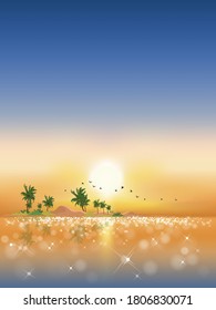 Vertical view Tropical seascape with sunset of blue ocean and coconut palm tree on island,Landscape Sea beach with pink, orange and blue sky,Vector illustration nature in seaside evening on Summer