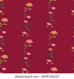 Vertical vines of small, spaced-out flowers climb up a rich burgundy background. Each vine is decorated with pink and yellow blossoms and green stems, creating a neat, elegant stripe pattern.