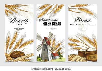 Vertical vintage banners for bakery design in colored sketch vector illustration isolated on white background. Decoration of bakery shop or cafe with wheat spikelets, windmill, sacks of flour