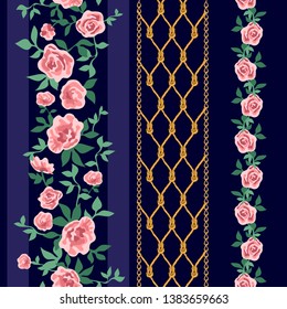 Vertical vintage border. Seamless vector pattern with small pink roses on dark blue background. Retro textile collection.