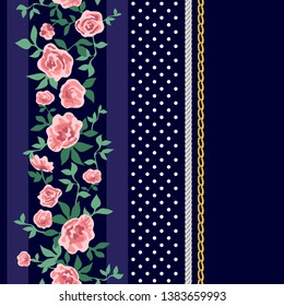 Vertical vintage border. Seamless vector pattern with small pink roses on black background. Retro textile collection.